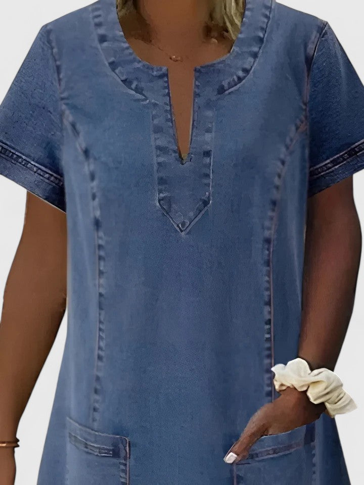 Lacey | Blue V-Neck Denim Dress with Pockets
