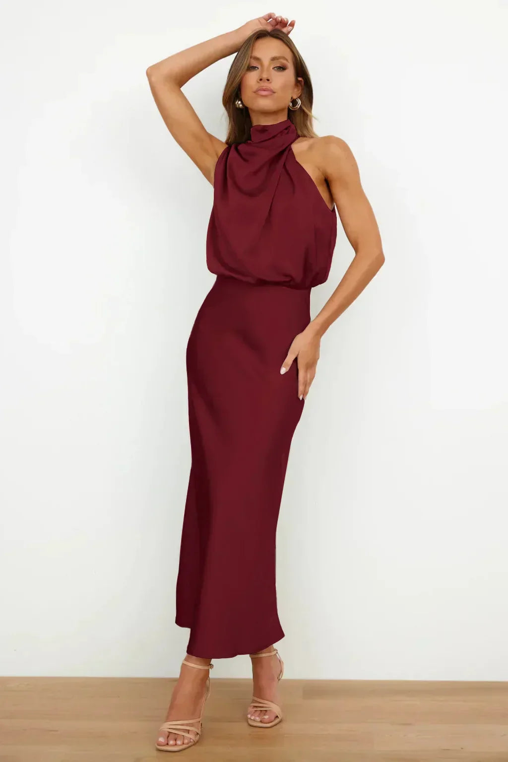 Tessina | Draped Halter Neck Satin Midi Dress