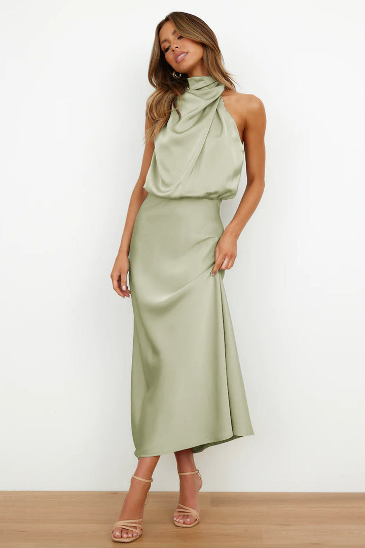 Tessina | Draped Halter Neck Satin Midi Dress