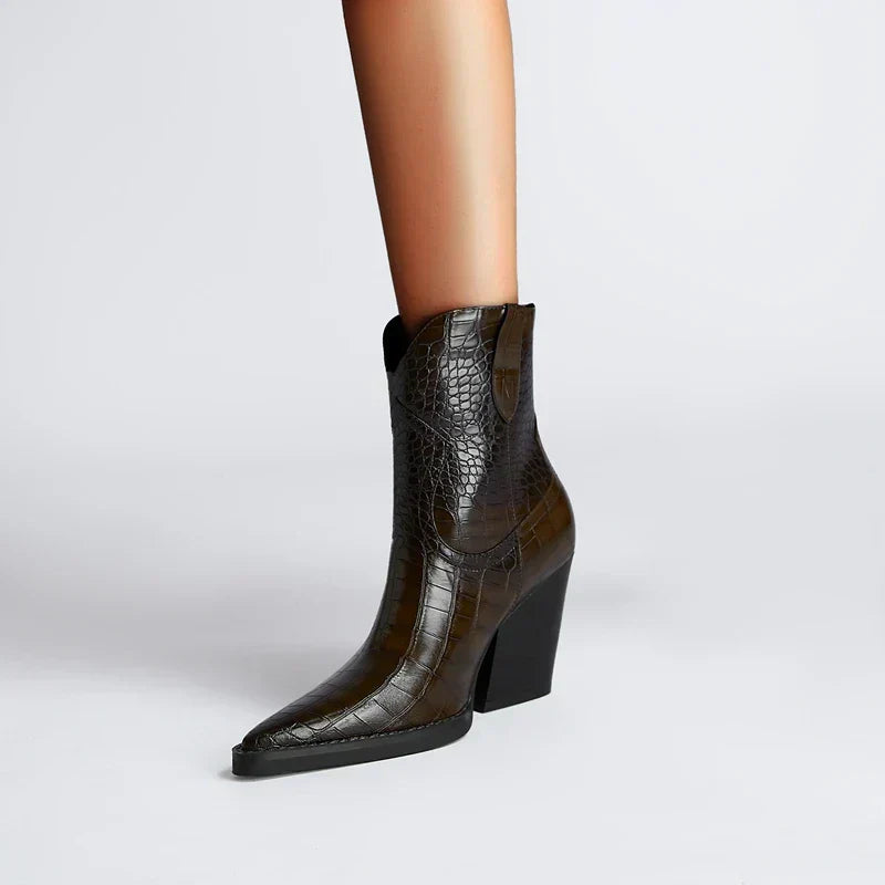 Tansy | Croc Embossed Western Boots with Block Heel