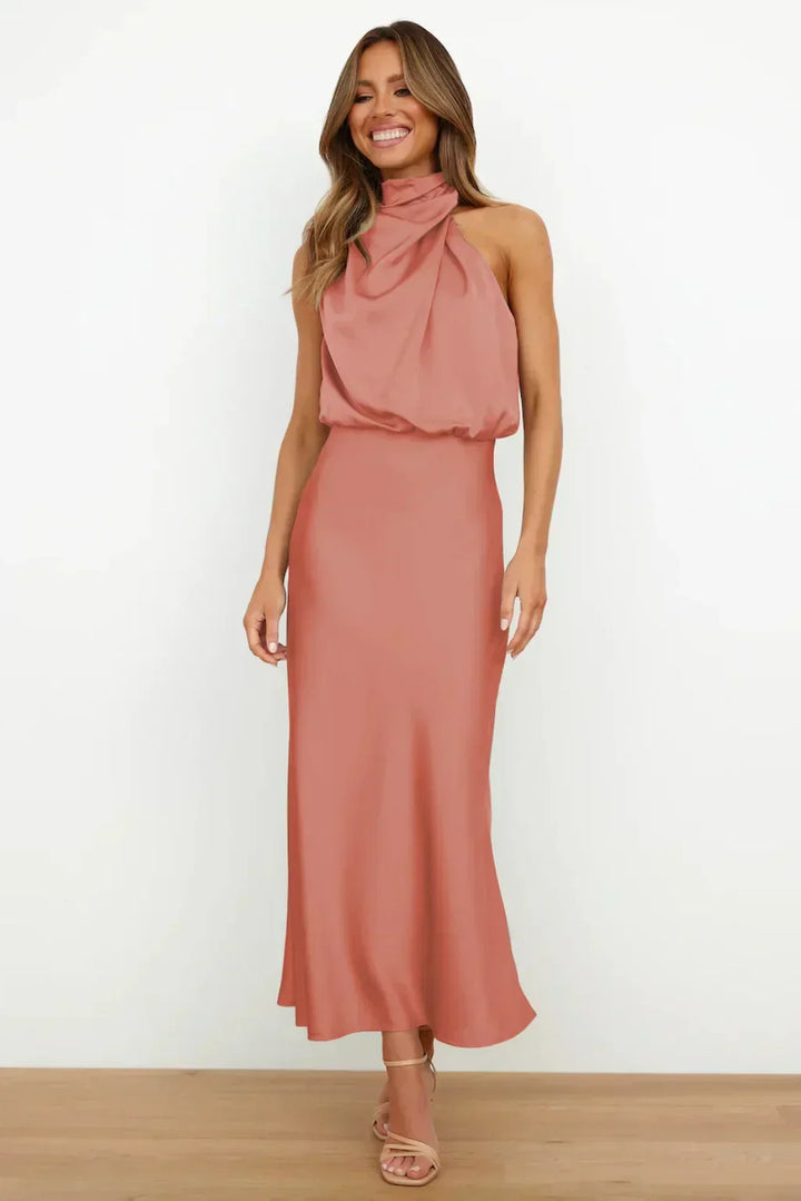 Tessina | Draped Halter Neck Satin Midi Dress