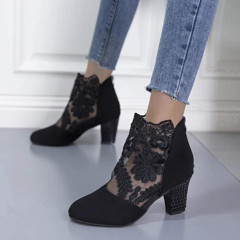 Antje | Lace Floral Block Heel Ankle Boots