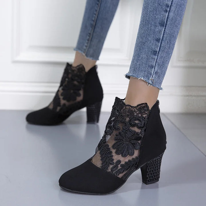 Antje | Lace Floral Block Heel Ankle Boots
