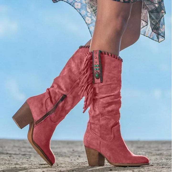 Garnet | Fringe Detail Knee-High Western Boots