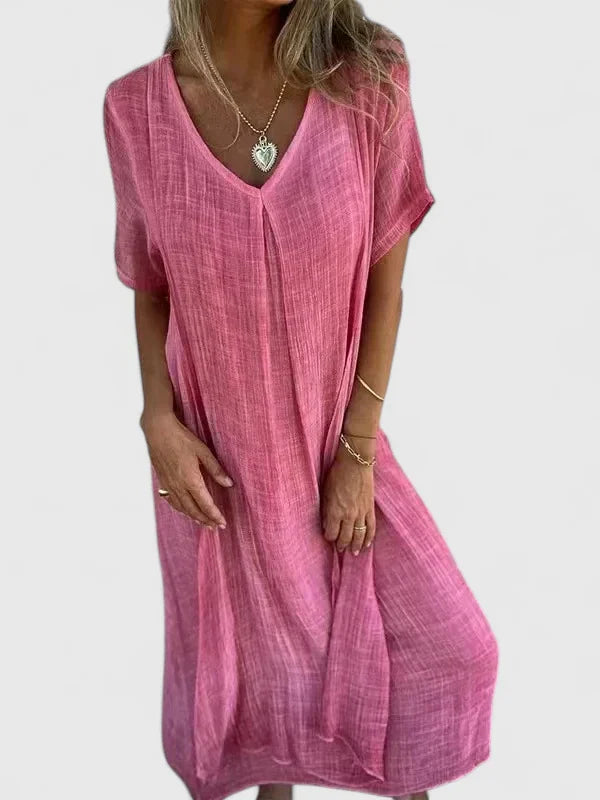 Margery | V-Neck Linen Dress with Short Sleeves