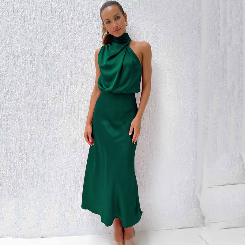 Tessina | Draped Halter Neck Satin Midi Dress