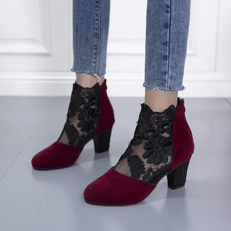 Antje | Lace Floral Block Heel Ankle Boots