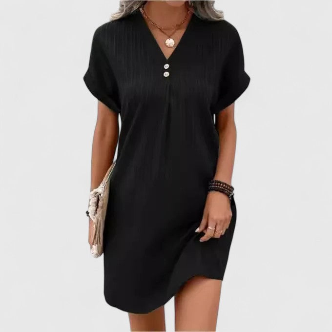 Sabine | V-Neck Ribbed Casual Dress with Buttons