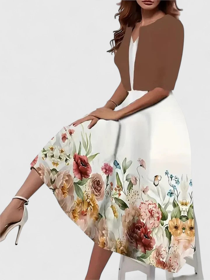 Coraliene | Floral Print Midi Dress with Cardigan