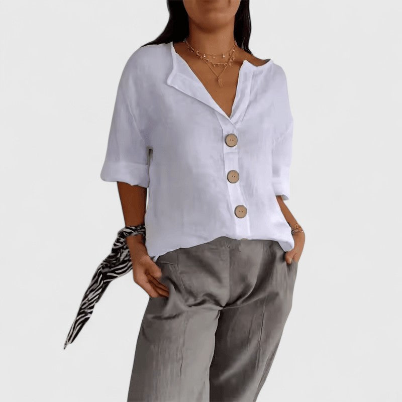 Johanna | Linen Button-Up Blouse with V-Neck