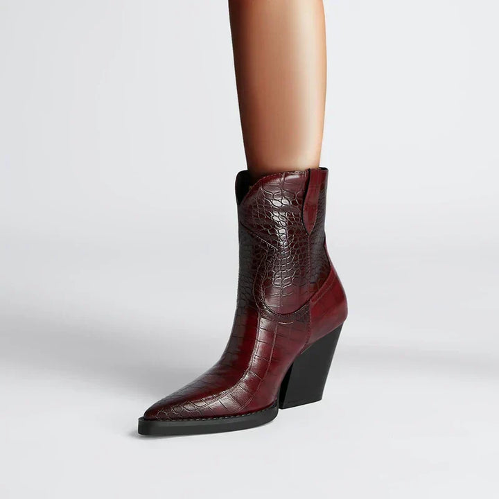 Tansy | Croc Embossed Western Boots with Block Heel