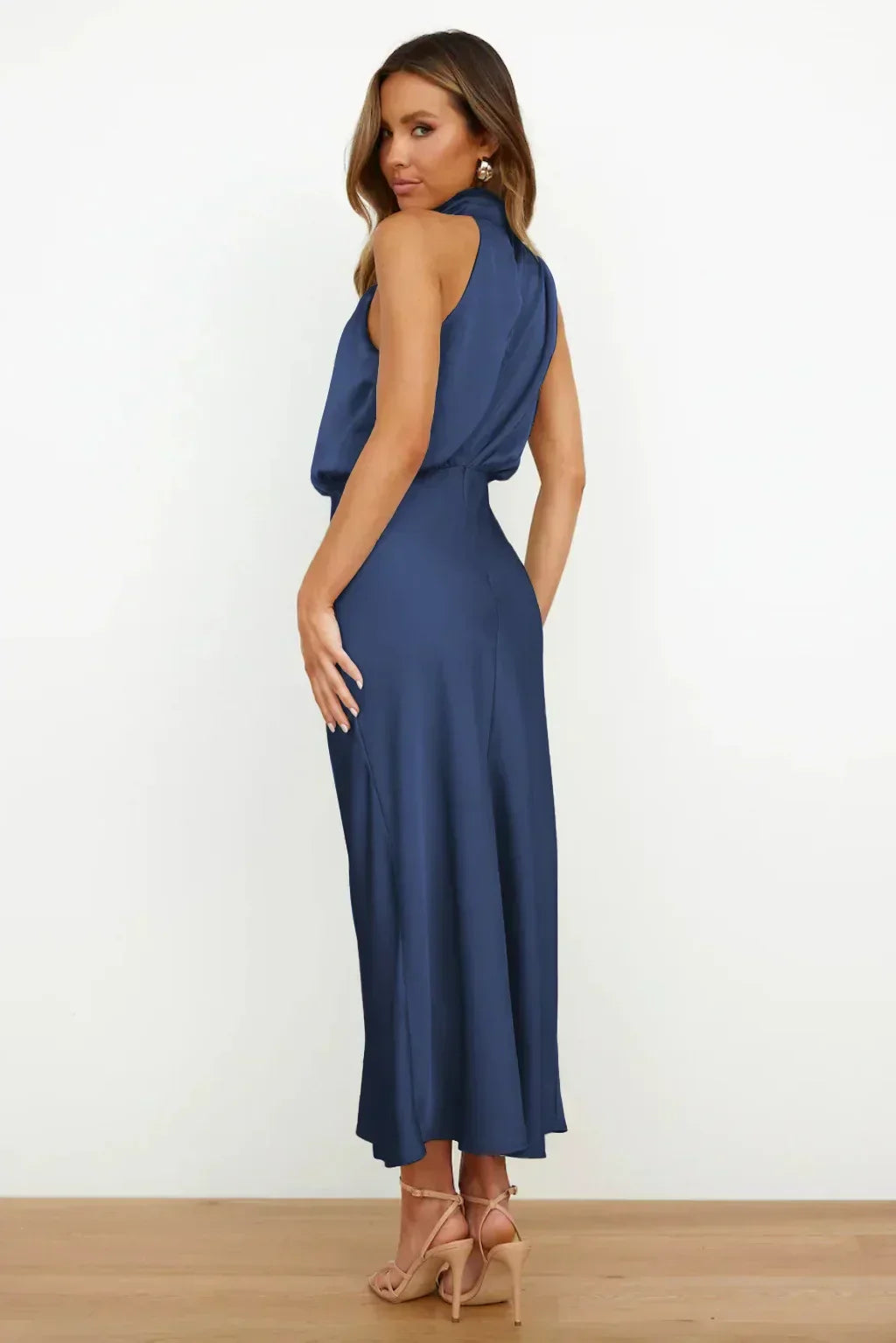 Tessina | Draped Halter Neck Satin Midi Dress