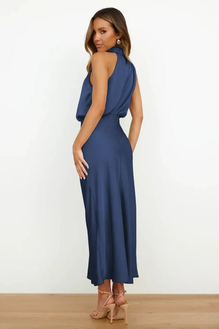 Tessina | Draped Halter Neck Satin Midi Dress
