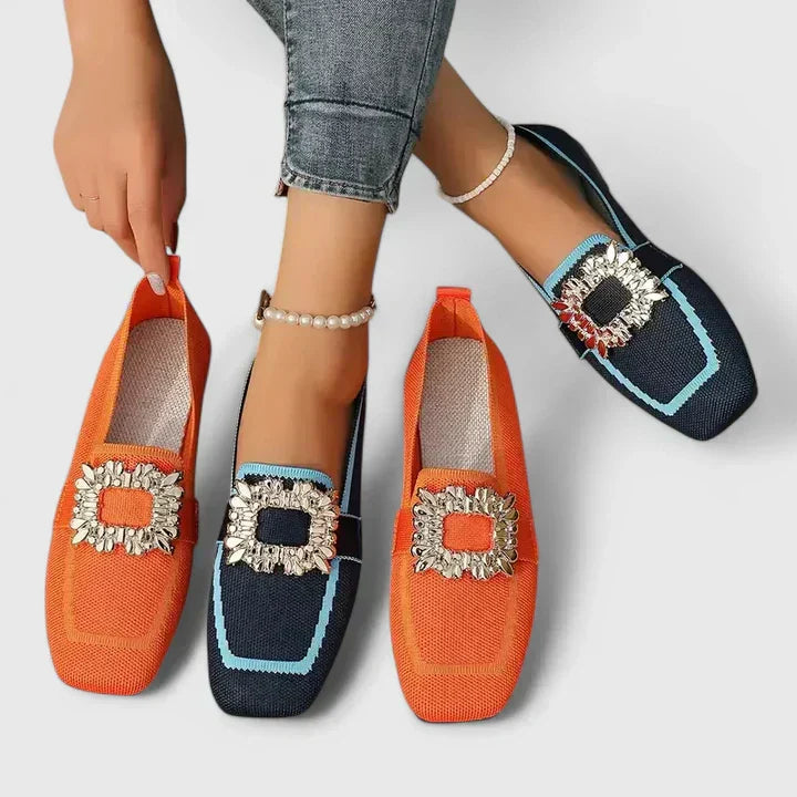 Katharina | Square Toe Loafers with Crystal Buckle