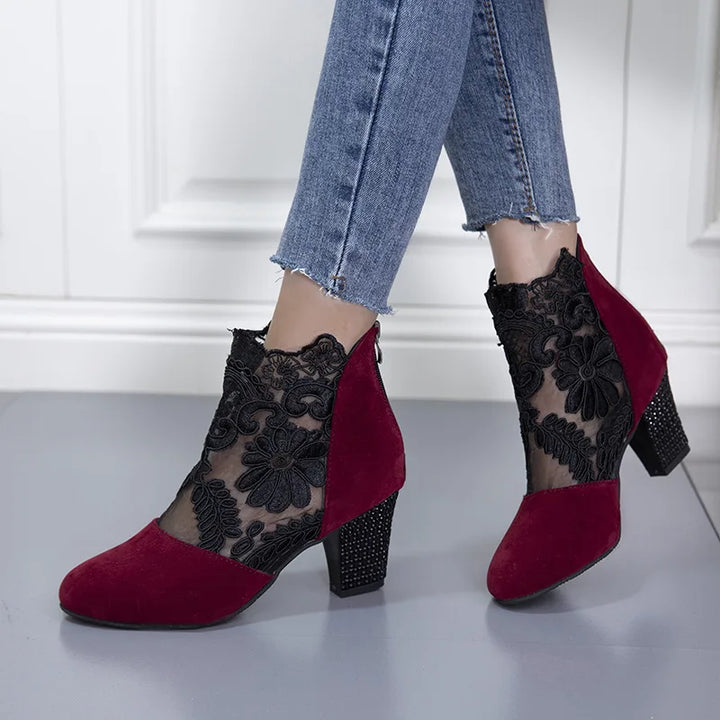 Antje | Lace Floral Block Heel Ankle Boots