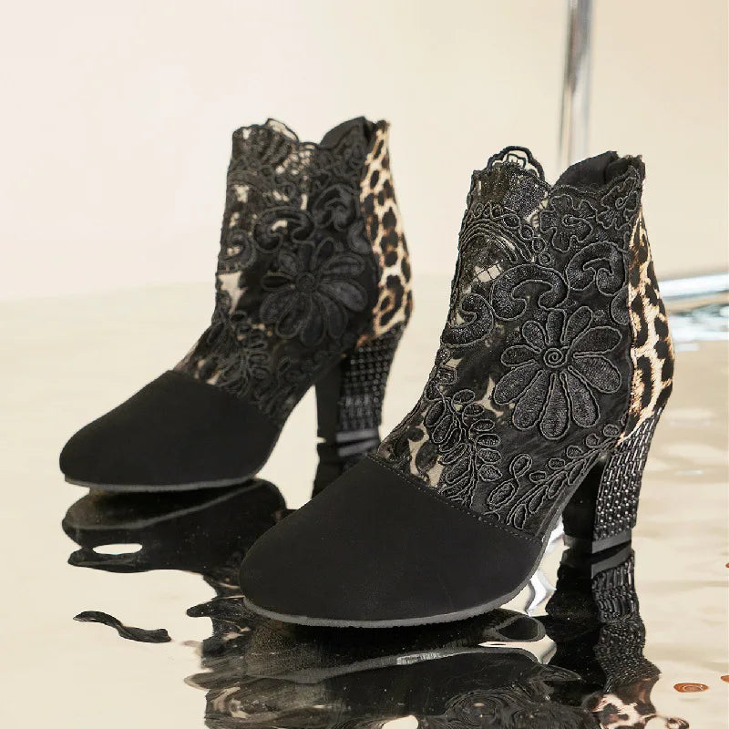 Antje | Lace Floral Block Heel Ankle Boots