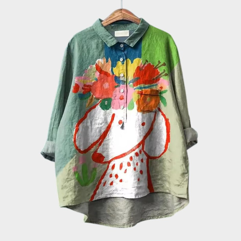 Sheryl | Dog Print Button-Up Blouse Long Sleeve