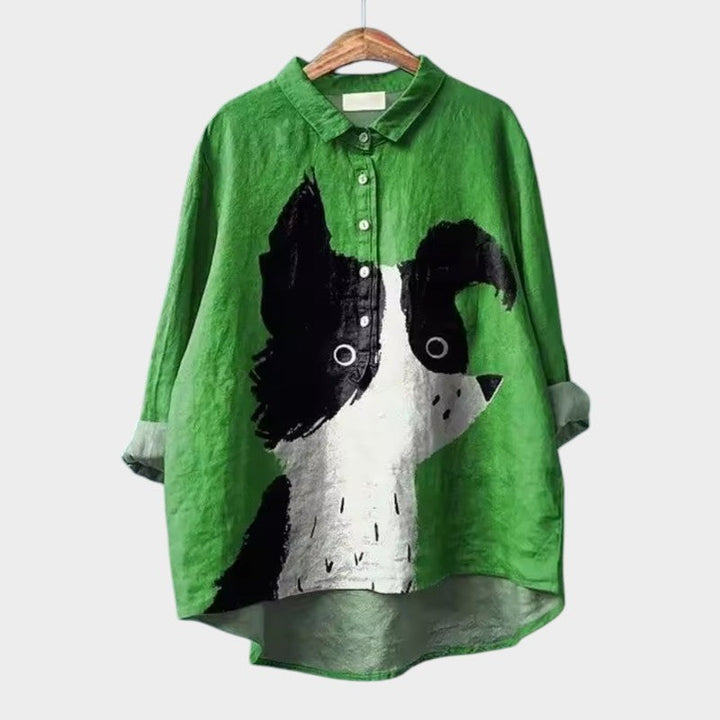 Sheryl | Dog Print Button-Up Blouse Long Sleeve