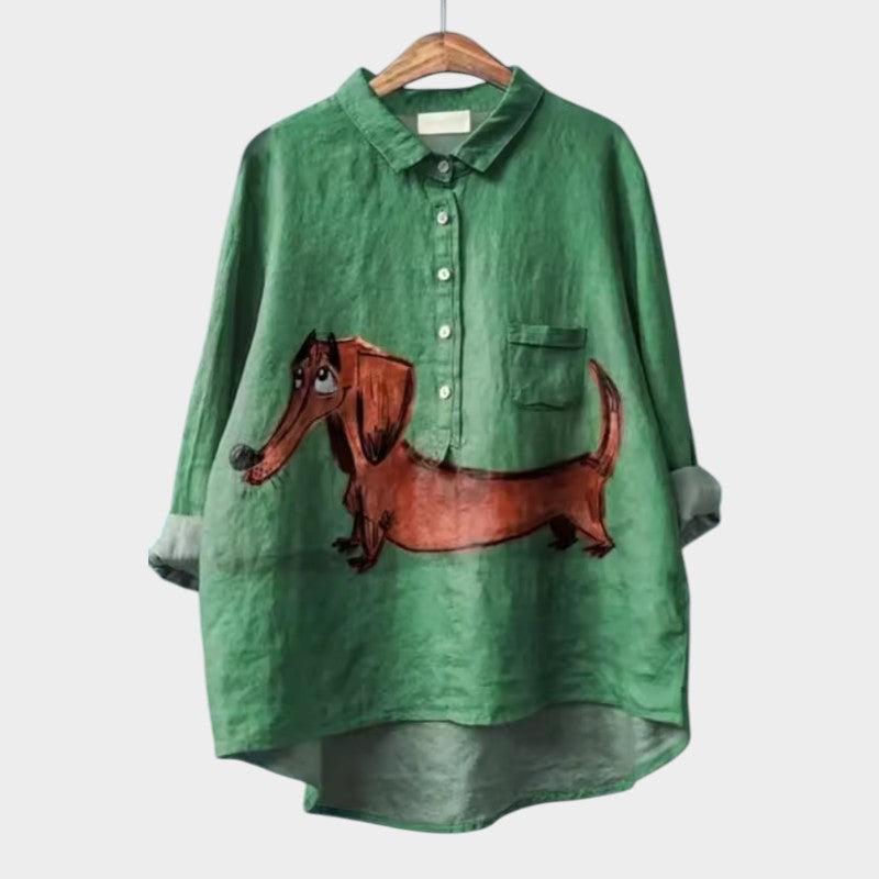 Sheryl | Dog Print Button-Up Blouse Long Sleeve
