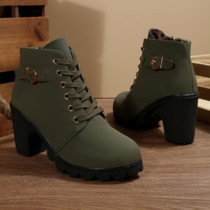 Marlene | Lace-Up Block Heel Ankle Boots with Buckle