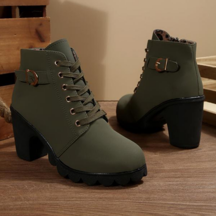 Marlene | Lace-Up Block Heel Ankle Boots with Buckle