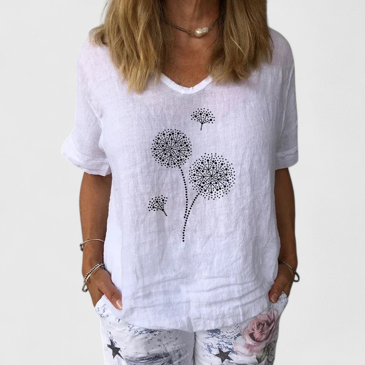 Psyche | Dandelion Print Summer Top with V-Neck