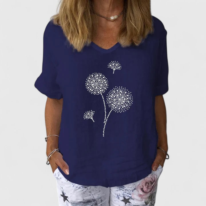 Psyche | Dandelion Print Summer Top with V-Neck