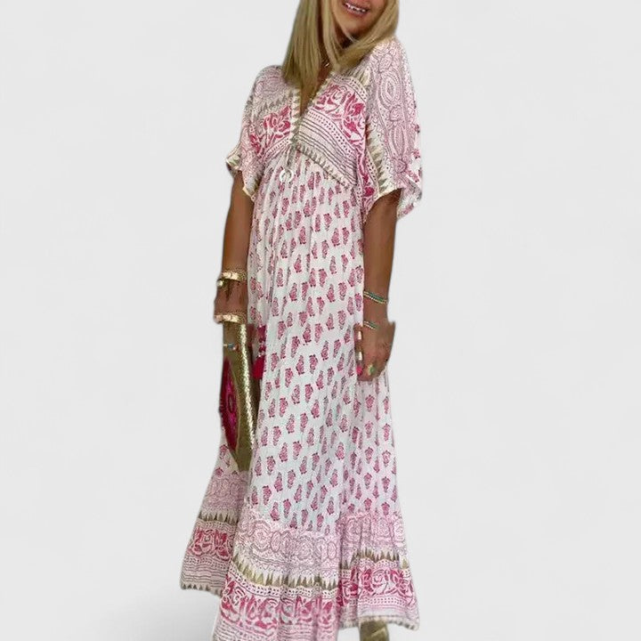 Coraline-Rose | Pink Boho Print Maxi Dress Tassel