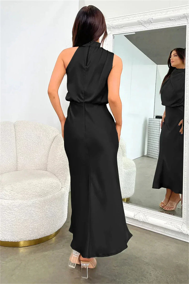 Tessina | Draped Halter Neck Satin Midi Dress