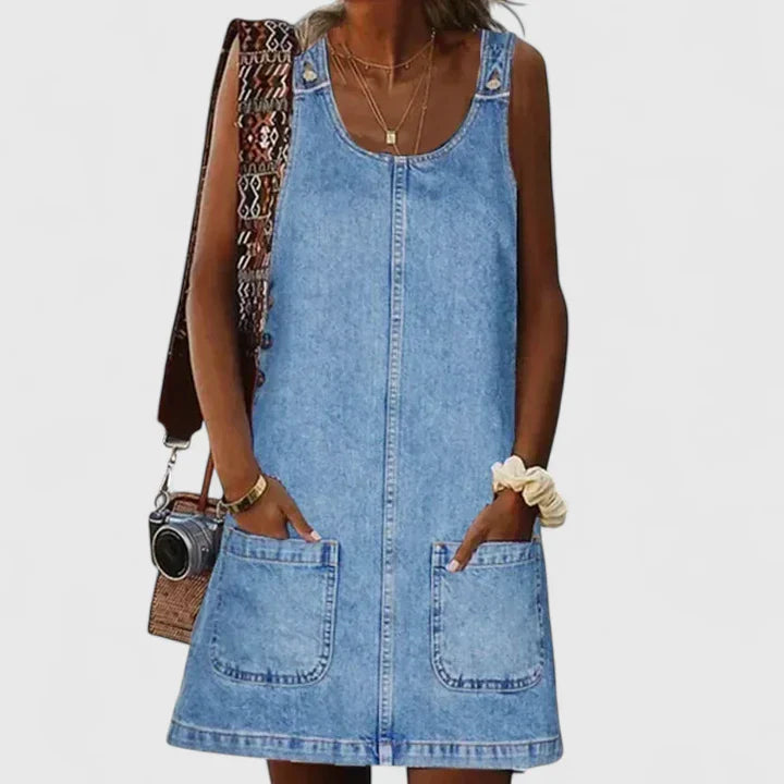 Honora | Light Blue Sleeveless Denim Dress with Pockets