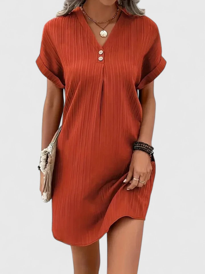 Sabine | V-Neck Ribbed Casual Dress with Buttons
