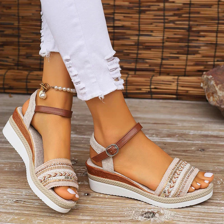 Emmy | Beige Bohemian Wedge Sandals with Ankle Strap