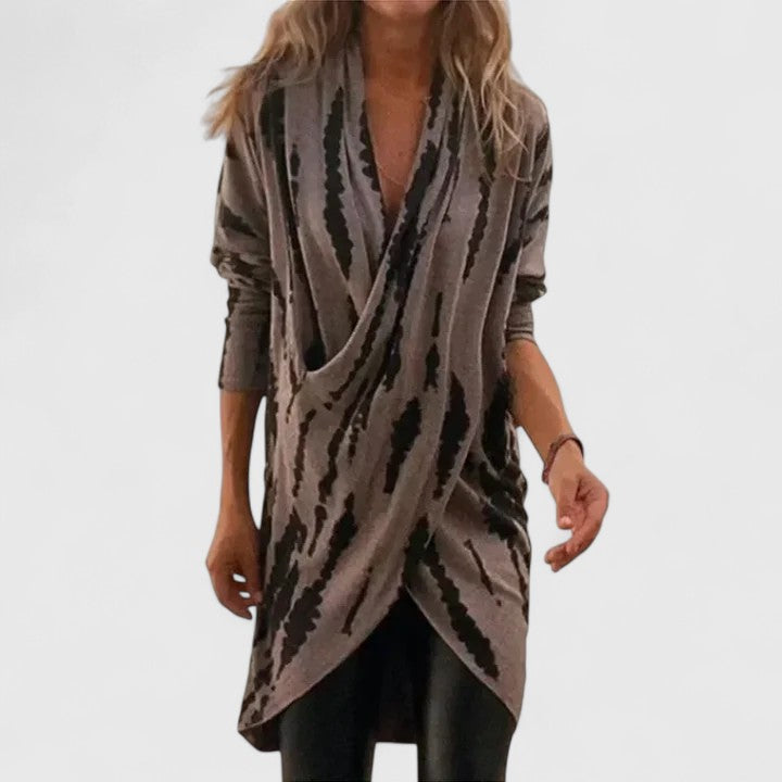 Cleona | Brown Tie-Dye Wrap Dress Long Sleeve