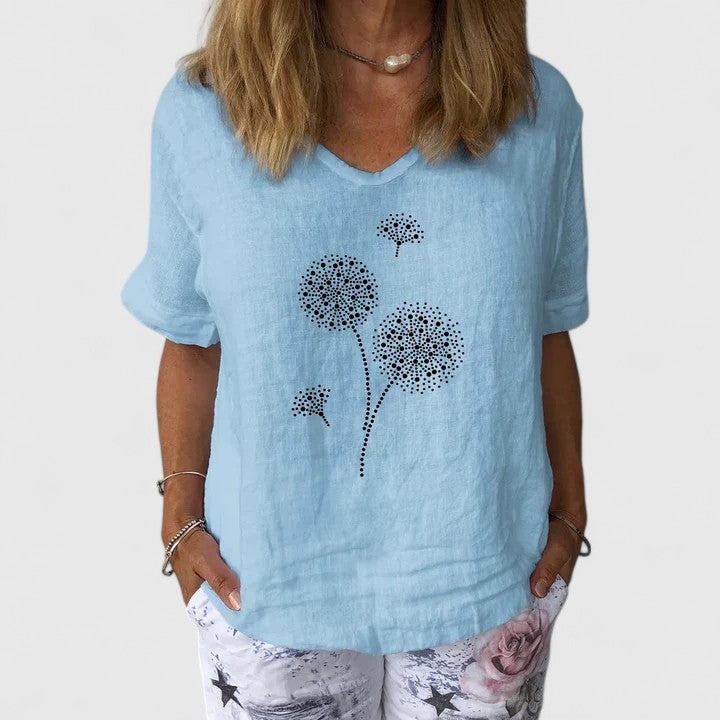 Psyche | Dandelion Print Summer Top with V-Neck