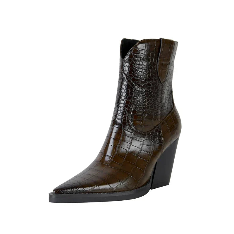 Tansy | Croc Embossed Western Boots with Block Heel
