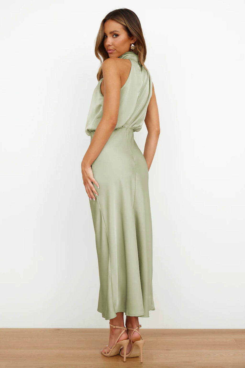Tessina | Draped Halter Neck Satin Midi Dress