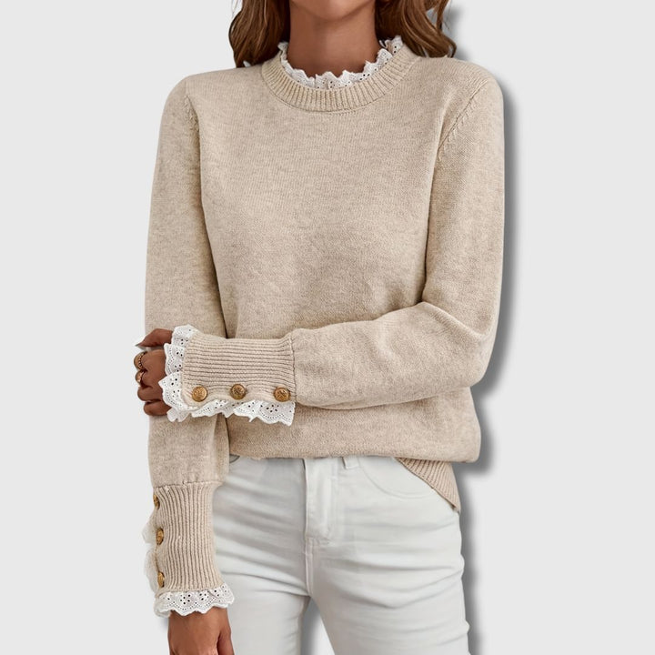 Anastasia | Beige Lace Trim Sweater with Buttons