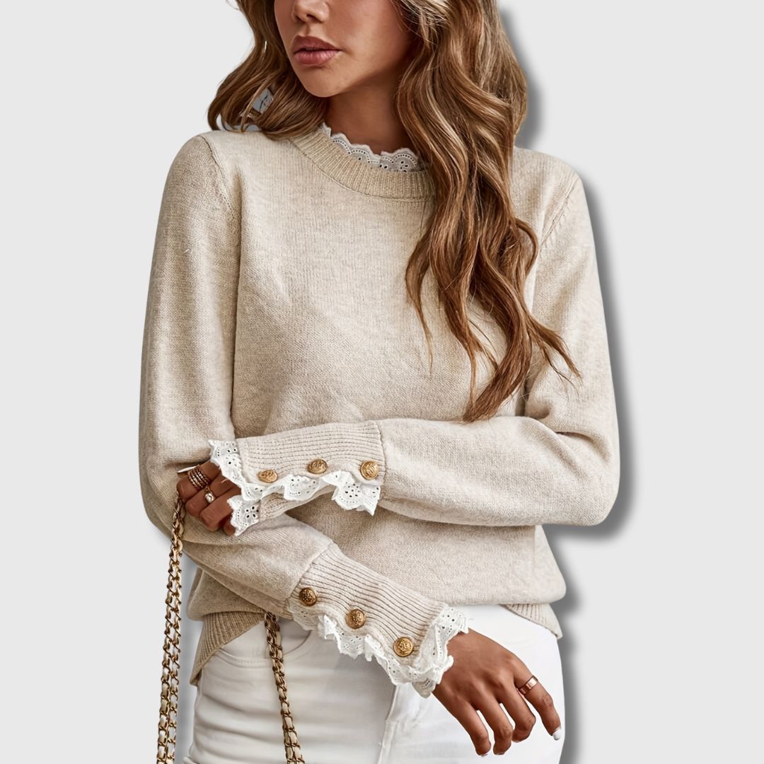 Anastasia | Beige Lace Trim Sweater with Buttons