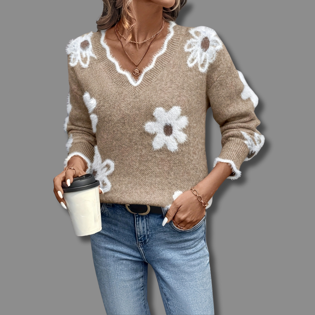 Lark | Floral V-Neck Sweater with Long Sleeves