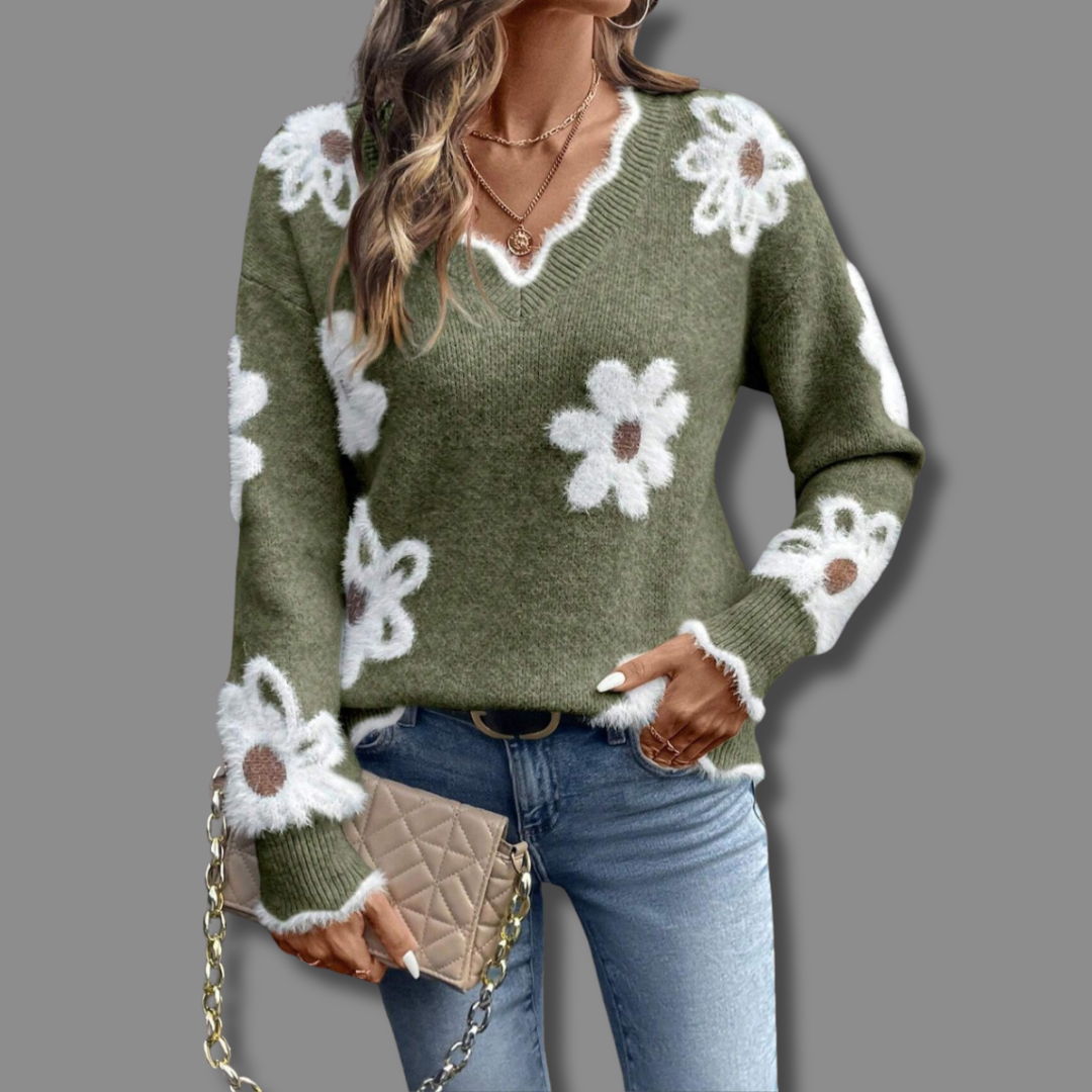 Lark | Floral V-Neck Sweater with Long Sleeves