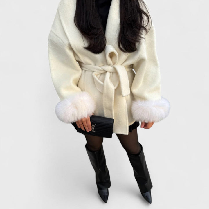 Pam | Belted Wool Coat with Faux Fur Cuffs