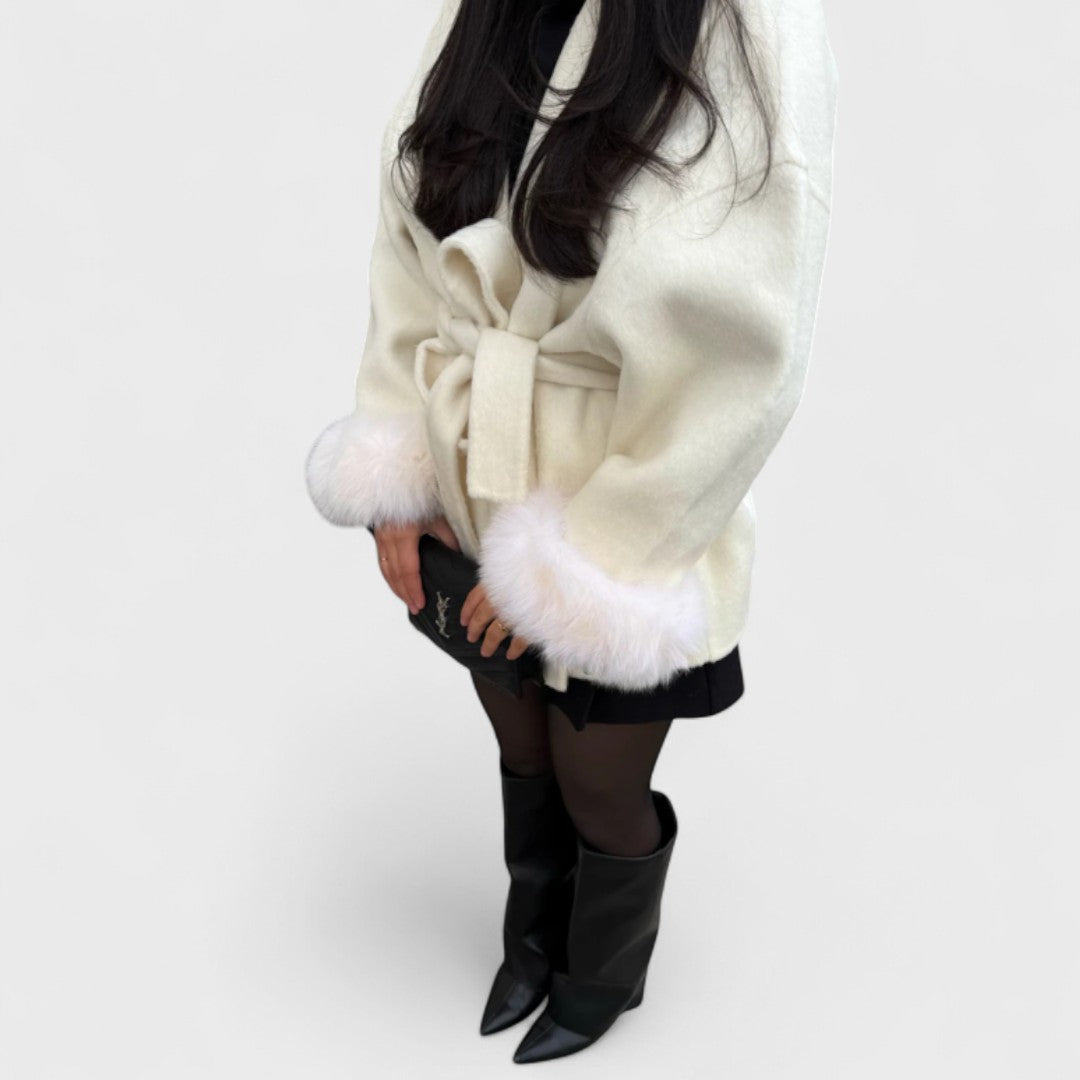 Pam | Belted Wool Coat with Faux Fur Cuffs
