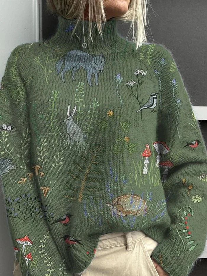 Pasha | Forest Animal Print Turtleneck Sweater
