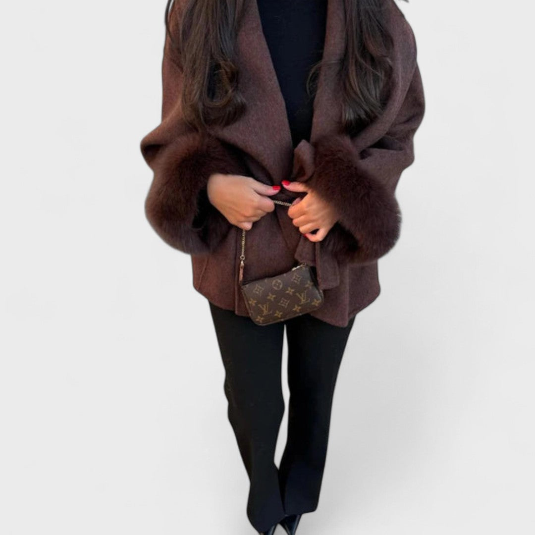 Pam | Belted Wool Coat with Faux Fur Cuffs