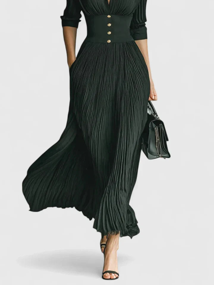 Cordeliarosa | Black Pleated Maxi Dress with Buttons