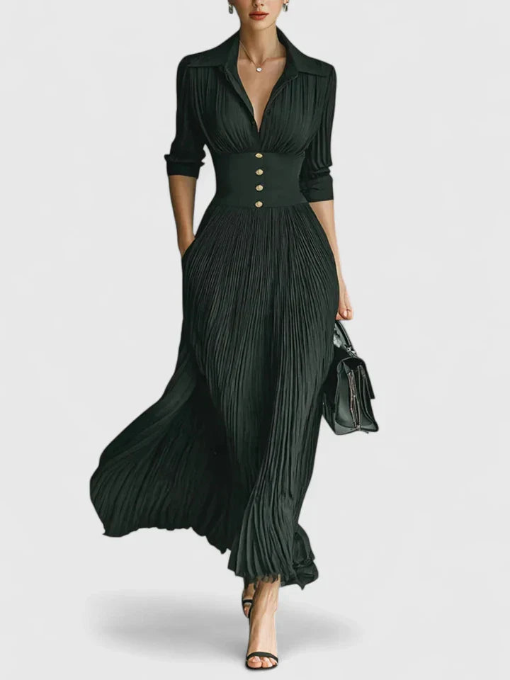 Cordeliarosa | Black Pleated Maxi Dress with Buttons