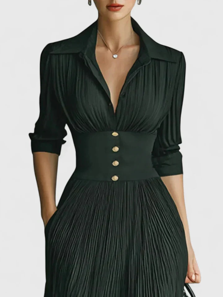 Cordeliarosa | Black Pleated Maxi Dress with Buttons