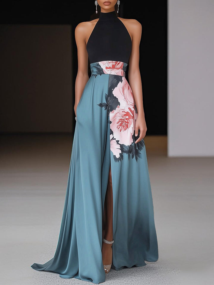 Magdalene | Blue Floral Halter Maxi Dress with Slit