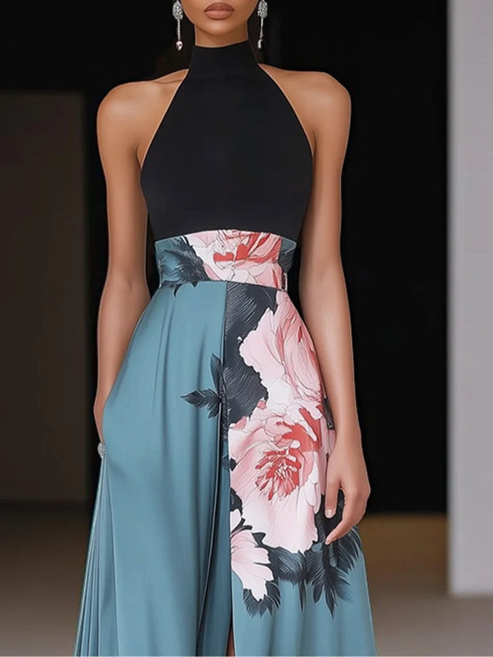 Magdalene | Blue Floral Halter Maxi Dress with Slit