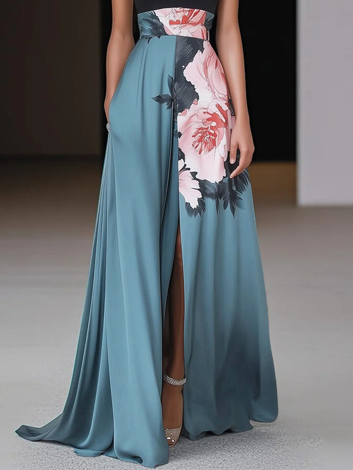Magdalene | Blue Floral Halter Maxi Dress with Slit